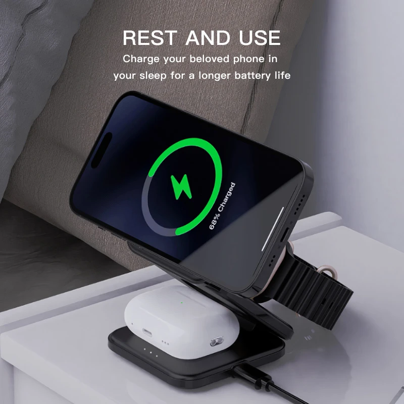 Wireless Charger 3 in 1 15W Fast Charging Station for iPhone Apple Watch Airpods