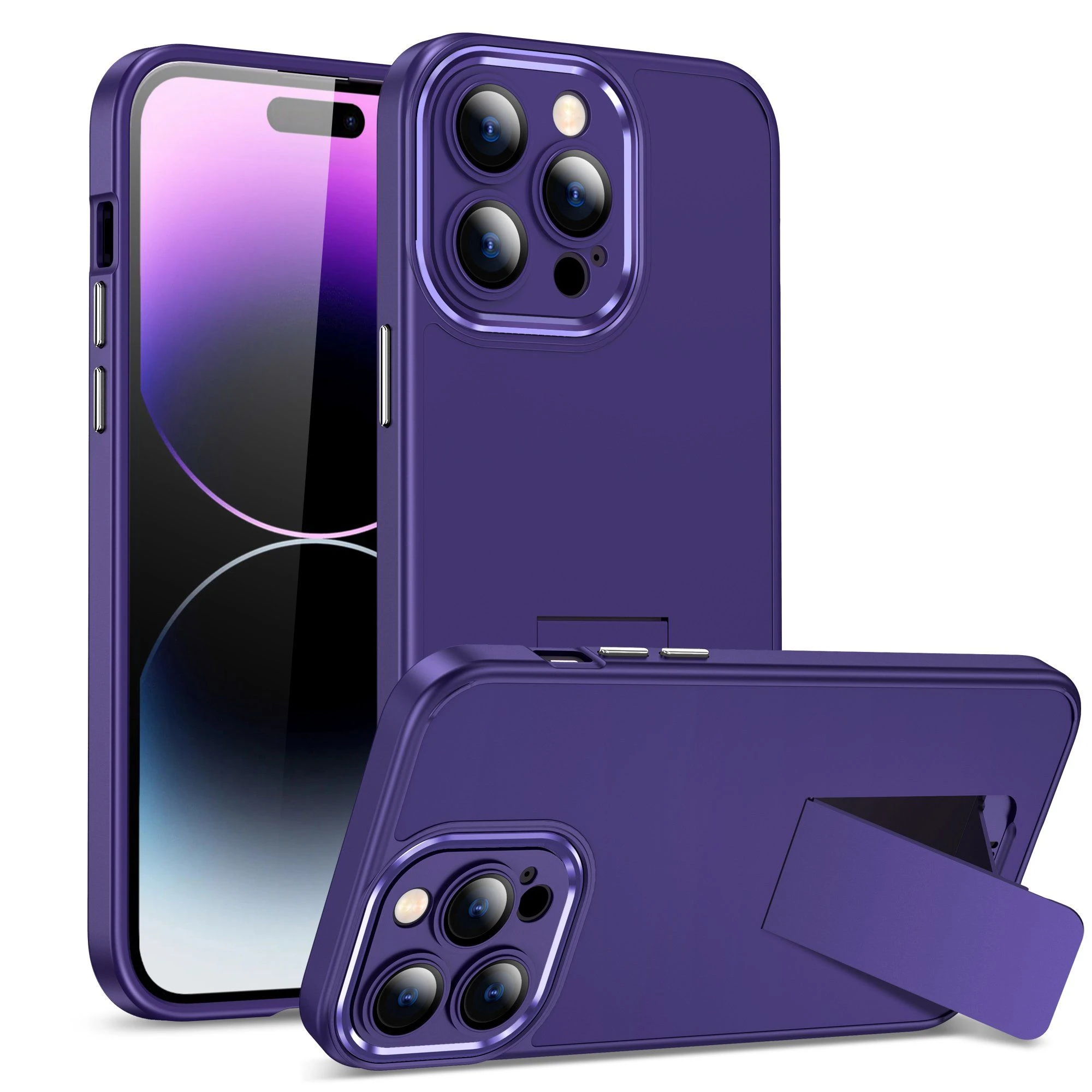 Wireless Charging Protective Lens Mobile Case for iPhone 15 Promax with Portable Stand Metal Frame