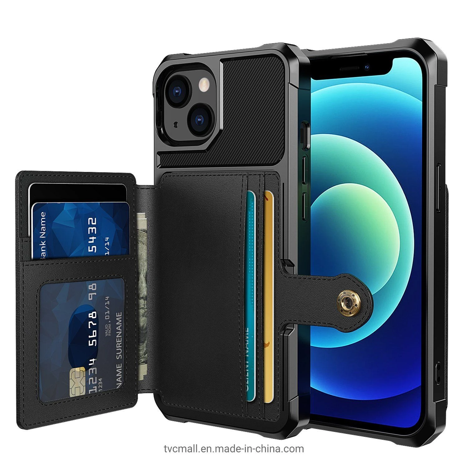 Zm03 Magnetic Metal Sheet Design TPU Phone Case with PU Leather Wallet for iPhone 13 6.1 Inch – Black