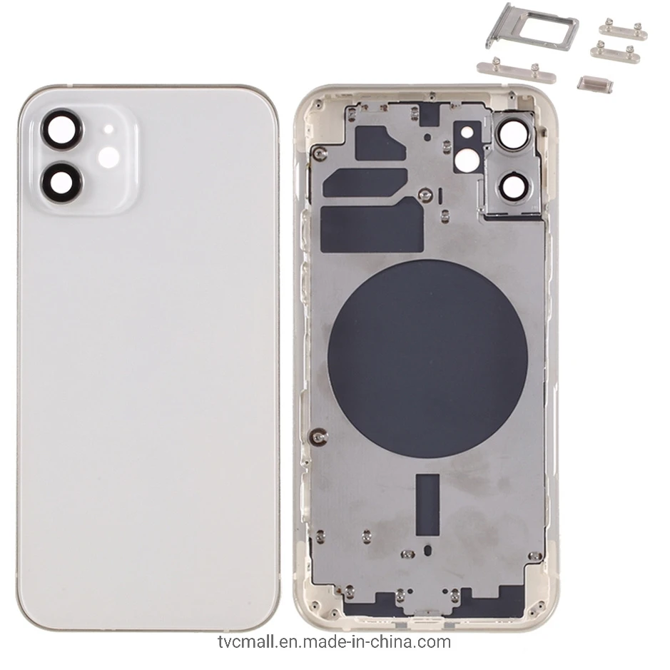 for iPhone 12 6.1 Inch Back Battery Housing Cover + Middle Plate Frame + Side Buttons Replacement Part (without Logo) (High Copy) – White