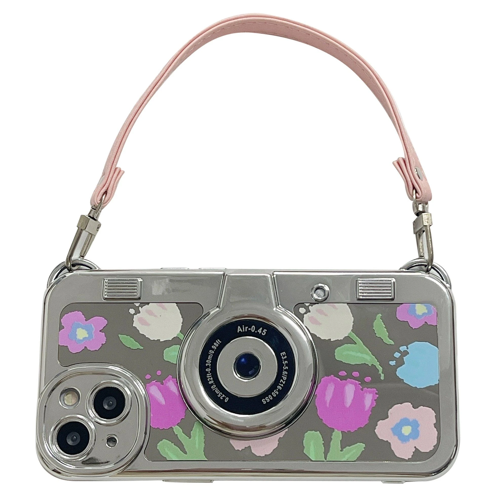 for iPhone 14 Cover Electroplating TPU Cell Phone Shell with Tote Strap Flower Pattern Camera Design – Pink Flower