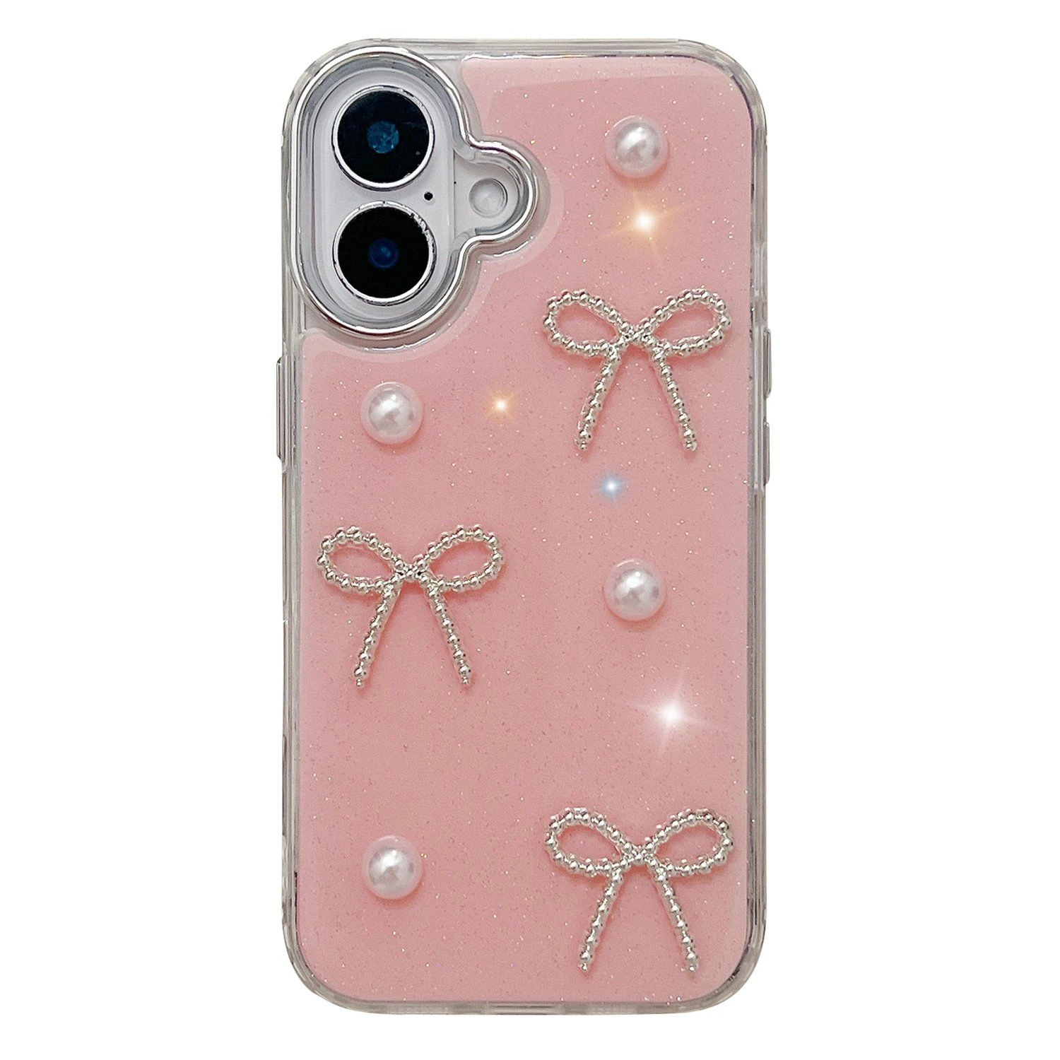 for iPhone 16 Pearl Bow Epoxy Design TPU + PC Phone Back Cover – Pink