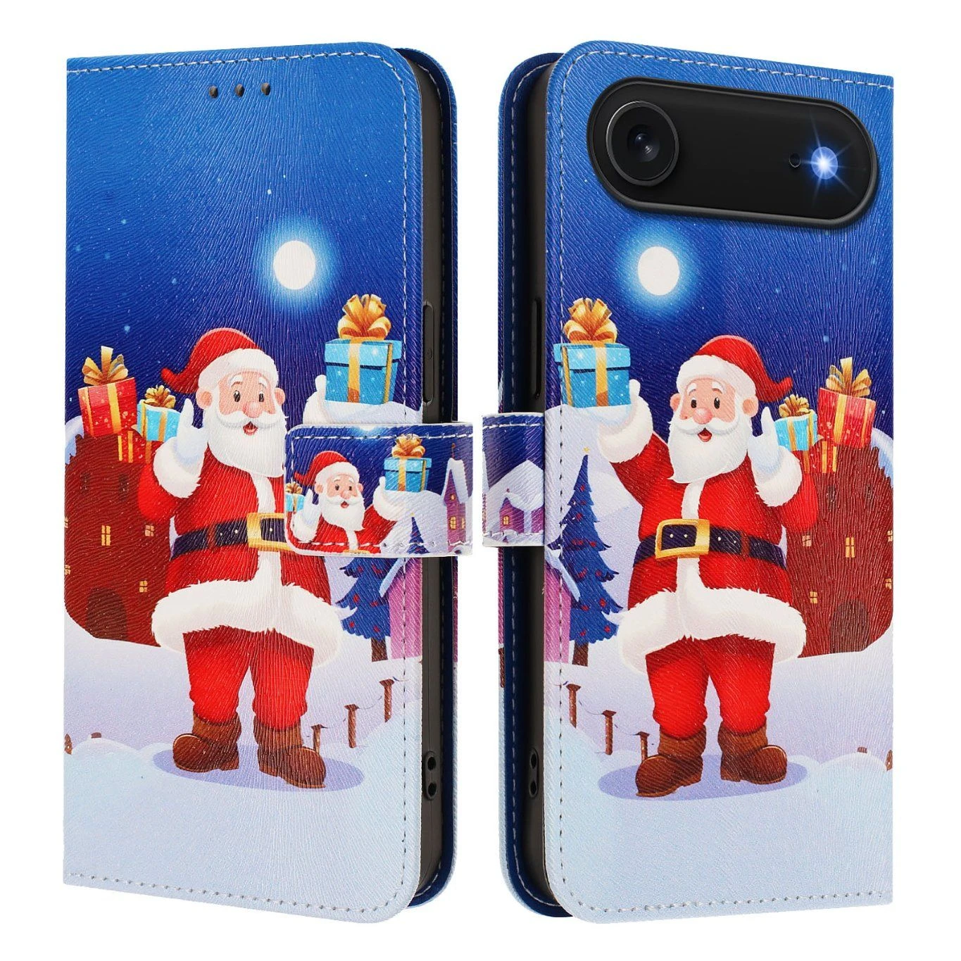 for iPhone 17 Air Wallet Case Christmas Pattern Printing Leather Phone Cover with Lanyard Christmas Night Scene