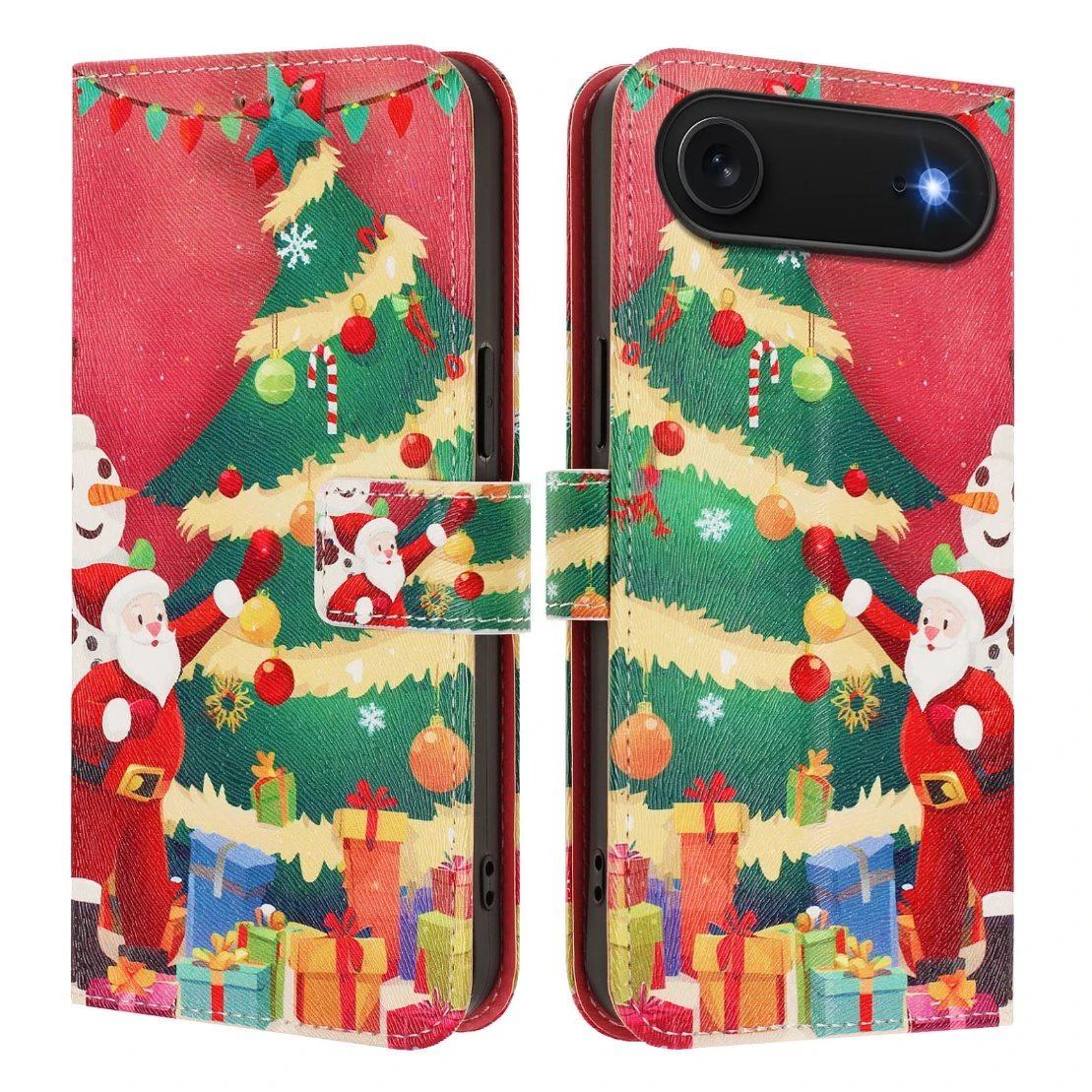 for iPhone 17 Air Wallet Case Christmas Pattern Printing Leather Phone Cover with Lanyard – Christmas Tree