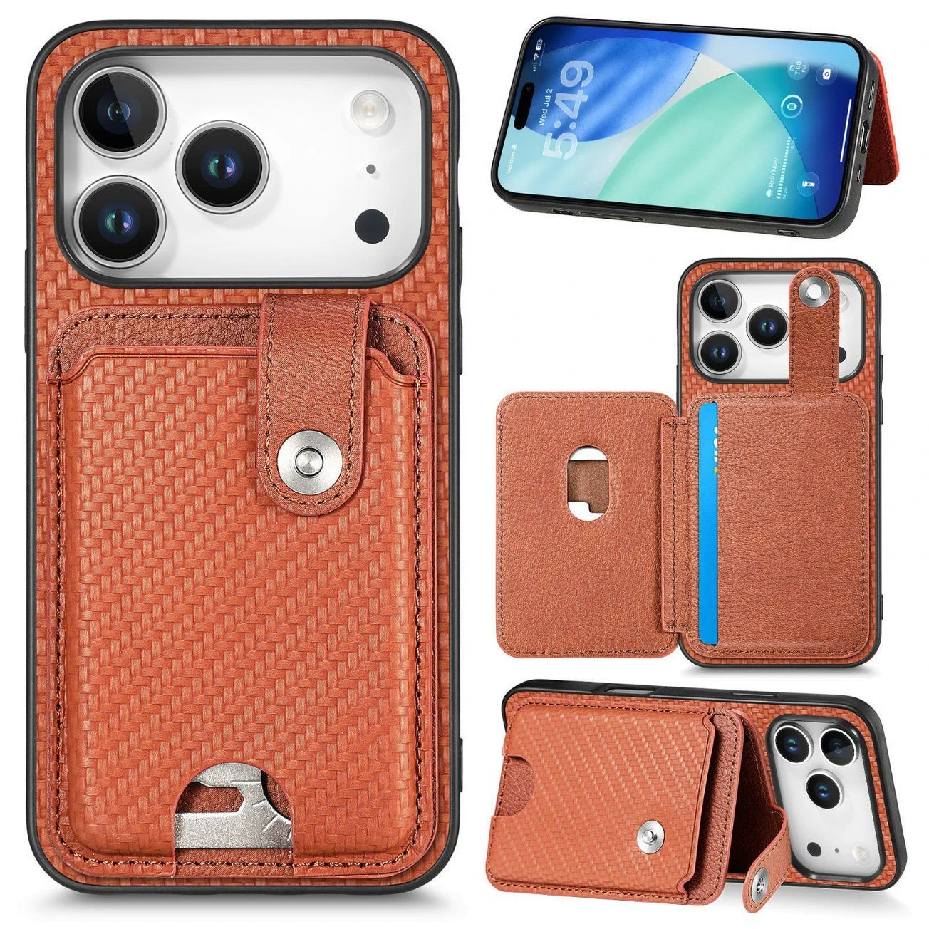 for iPhone 17 PRO Case Card Slots Kickstand Phone Back Cover with Card Tool – Brown