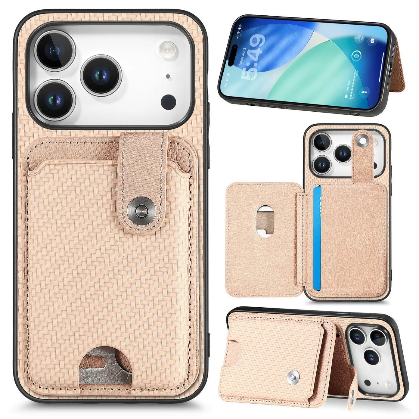 for iPhone 17 PRO Case Card Slots Kickstand Phone Back Cover with Card Tool – Khaki