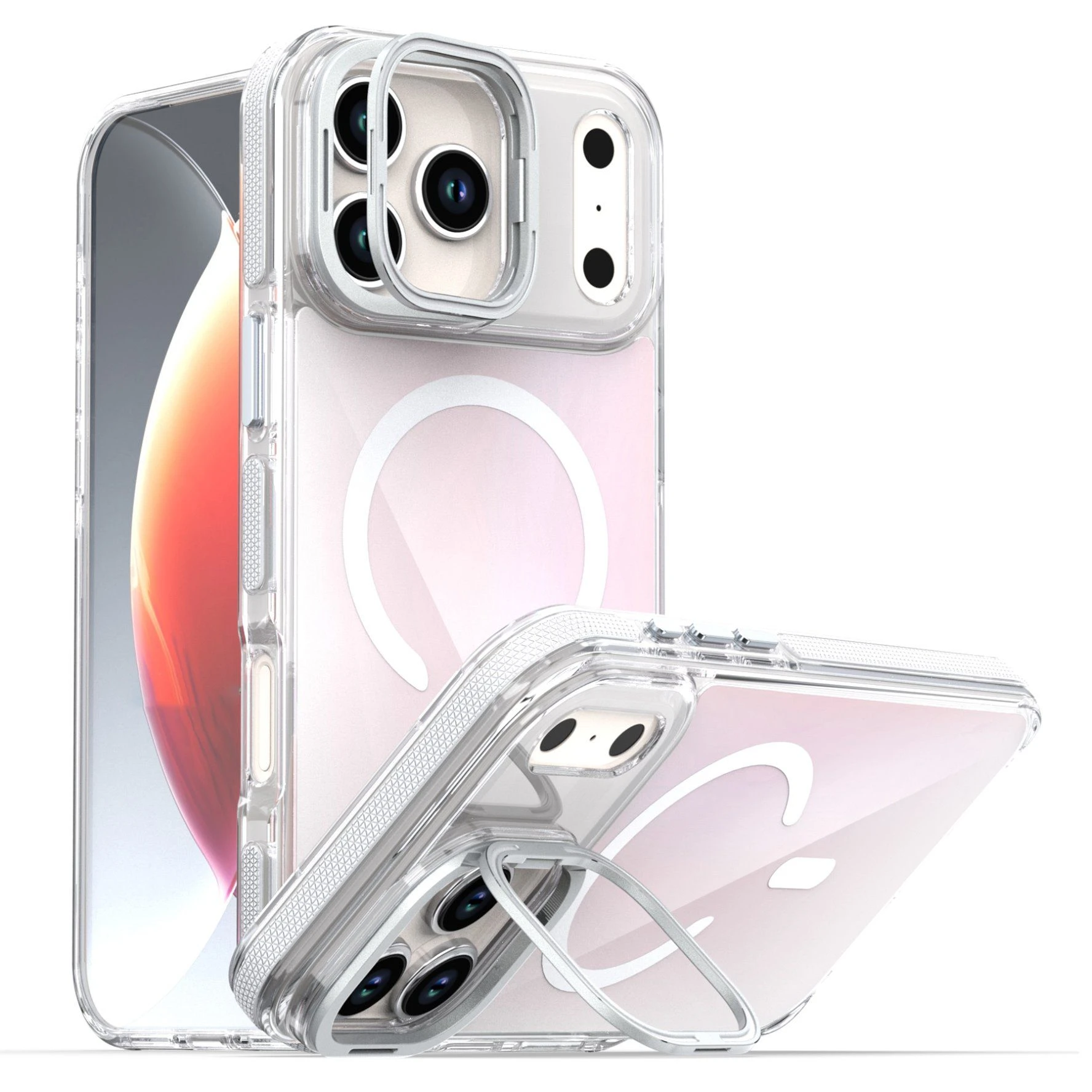 for iPhone 17 PRO Magnetic Fluorescent Design TPU Acrylic Phone Back Case with Lens Frame Kickstand – White