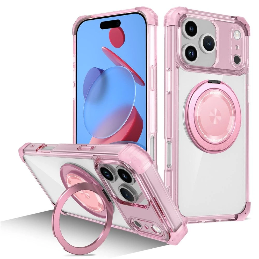 for iPhone 17 PRO Max Case Compatible with Magsafe Rotating Kickstand PC + TPU Back Cover – Transparent Pink