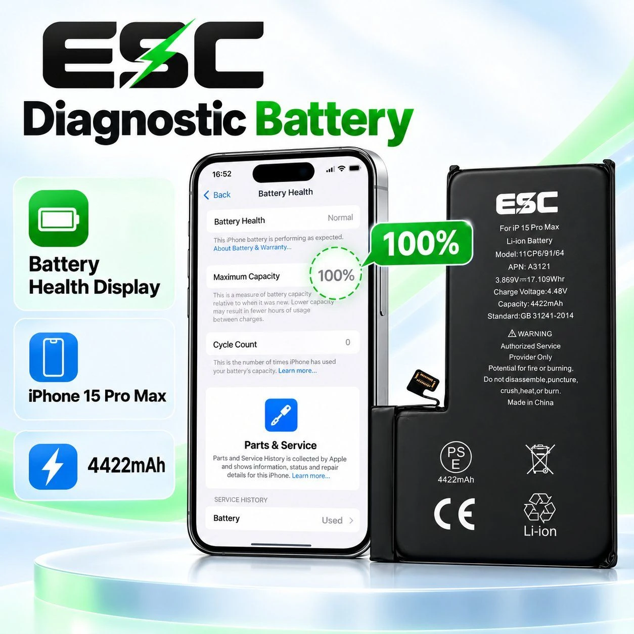 iPhone Replacement Battery for iPhone 15 PRO Max Diagnostic 4422mAh No Pop up Battery Health Display Wholesale